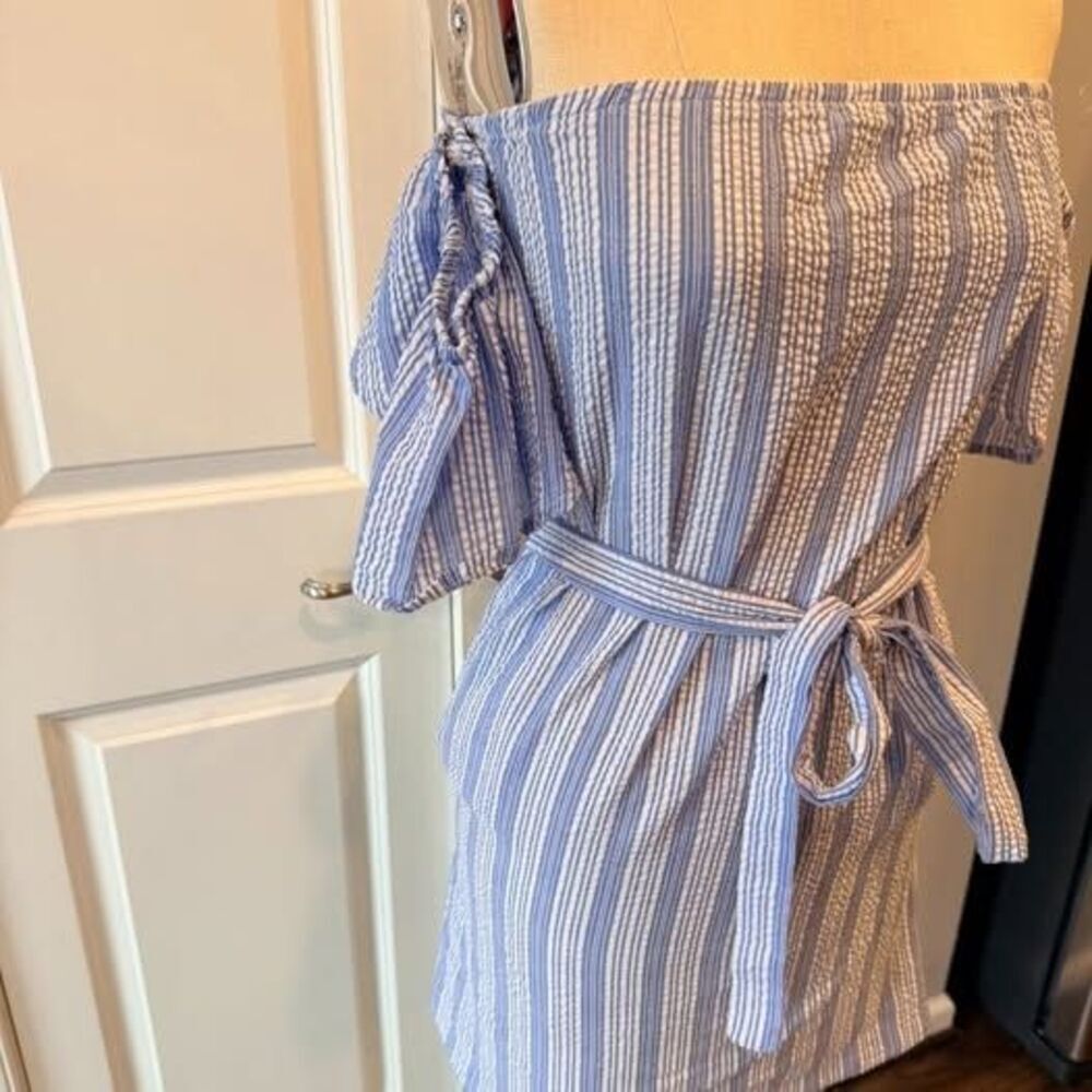 Off Shoulder Striped Mini Dress XS Blue Tie Waist Summer Beach Casual - Picture 2 of 8